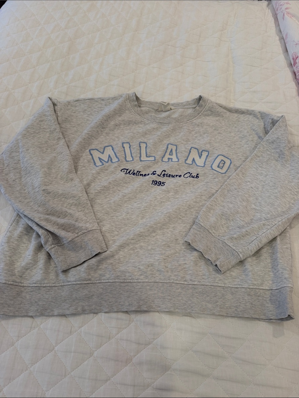 H&M Light Grey Crewneck Sweatshirt with Blue 'MILANO' Lettering